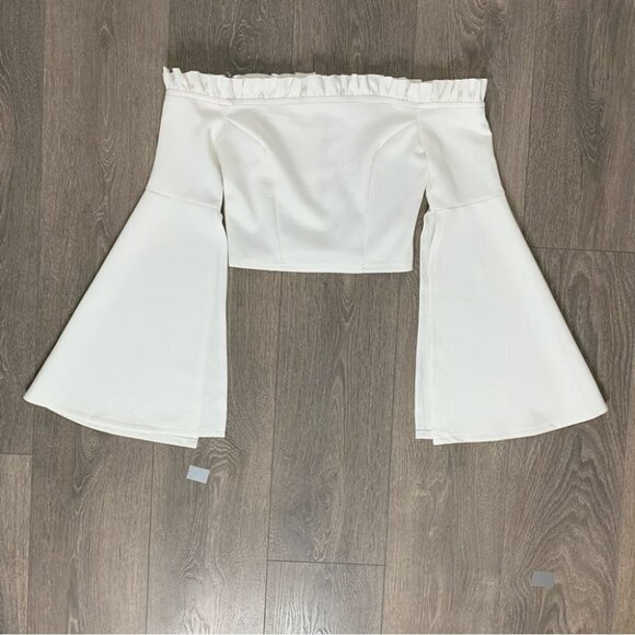 Women's Essue Top Blouse Off Shoulder Split Wide Flare Sleeve Cropped Off White - Picture 7 of 15